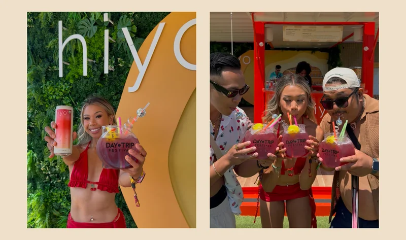 girl smiling with strawberry guava hiyo and floaty fishbowl. friends enjoying a floaty fishbowl.