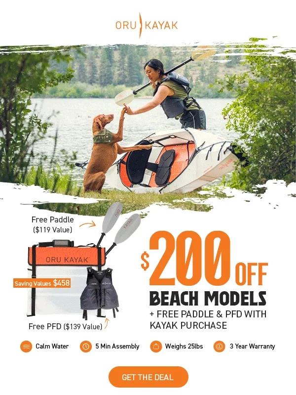 New Deal of the Week! $200 off Beach Models + Free Paddle & PFD with any kayak purchase