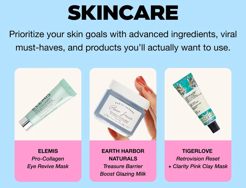 SKINCARE - Prioritize your skin goals with advanced ingredients, viral must-haves, and products you’ll actually want to use. ELEMIS Pro-Collagen Eye Revive Mask |EARTH HARBOR NATURALS Treasure Barrier Boost Glazing Milk | TIGERLOVE Retrovision Reset + Clarity Pink Clay Mask