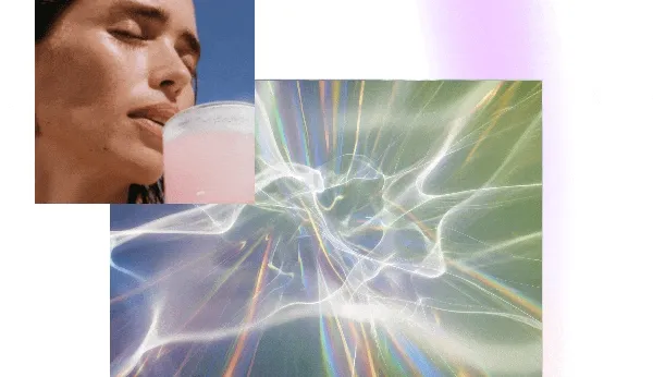 Woman drinking a light-colored beverage outdoors, overlaid with flowing, iridescent abstract light patterns suggesting energy and vitality.