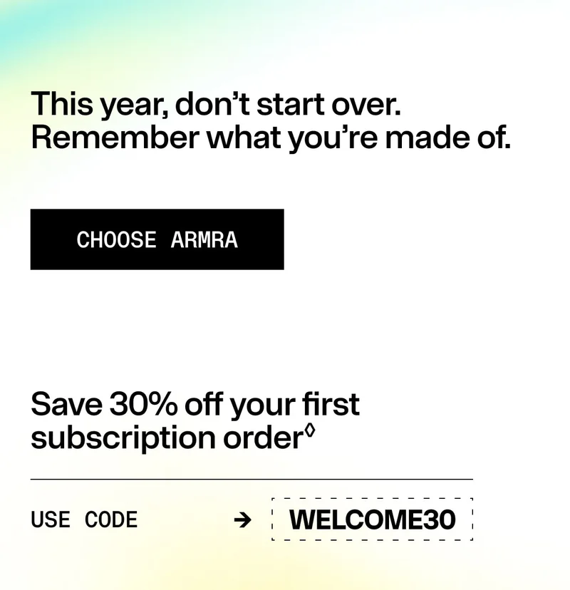 Promotional graphic inviting viewers to choose ARMRA and save on their first subscription order.