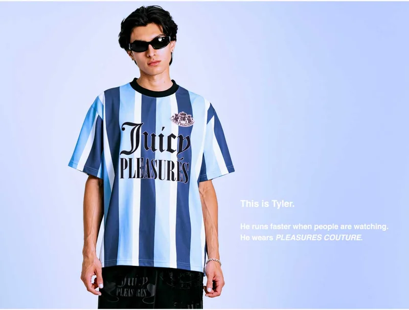 This is Tyler. He runs faster when people are watching. He wears PLEASURES COUTURE.