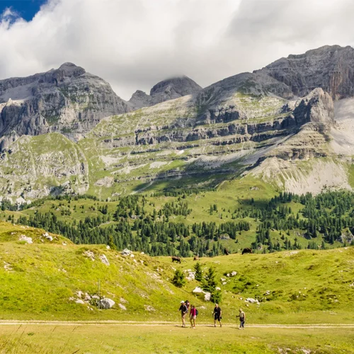 When visiting Trentino, active travelers should consider a hike to witness the natural beauty of the North Brenta Dolomites mountains, including Pietra Grande, Cima Vagilana, Cima Sassara, and Cima Roca peaks as seen from Mount Spinale.