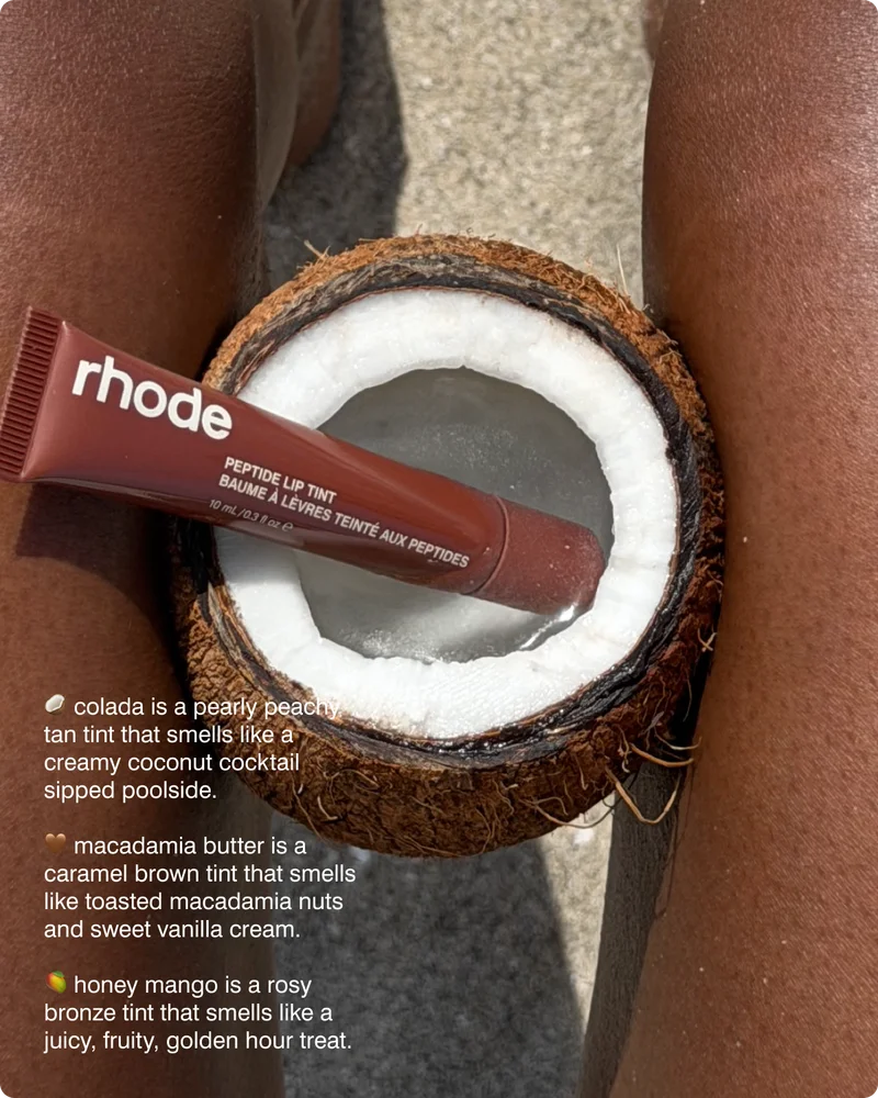 colada is a pearly peachy tan tint that smells like a creamy coconut cocktail sipped poolside. ​macadamia butter is a caramel brown tint that smells like toasted macadamia nuts and sweet vanilla cream. ​honey mango is a rosy bronze tint that smells like&nbsp;a juicy, fruity, golden hour treat.