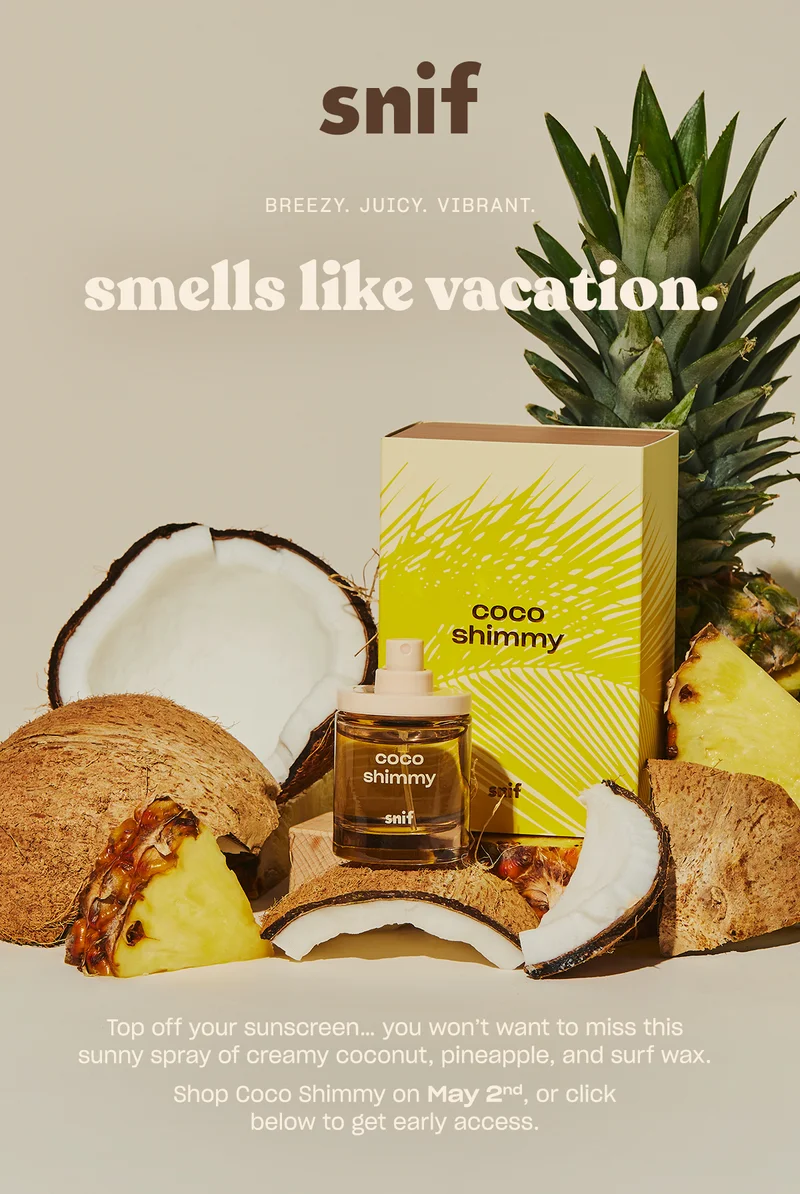 Top off your sunscreen… you won’t want to miss this sunny spray of creamy coconut, pineapple, and surf wax.  Shop Coco Shimmy on May 2nd, or click to get early access.