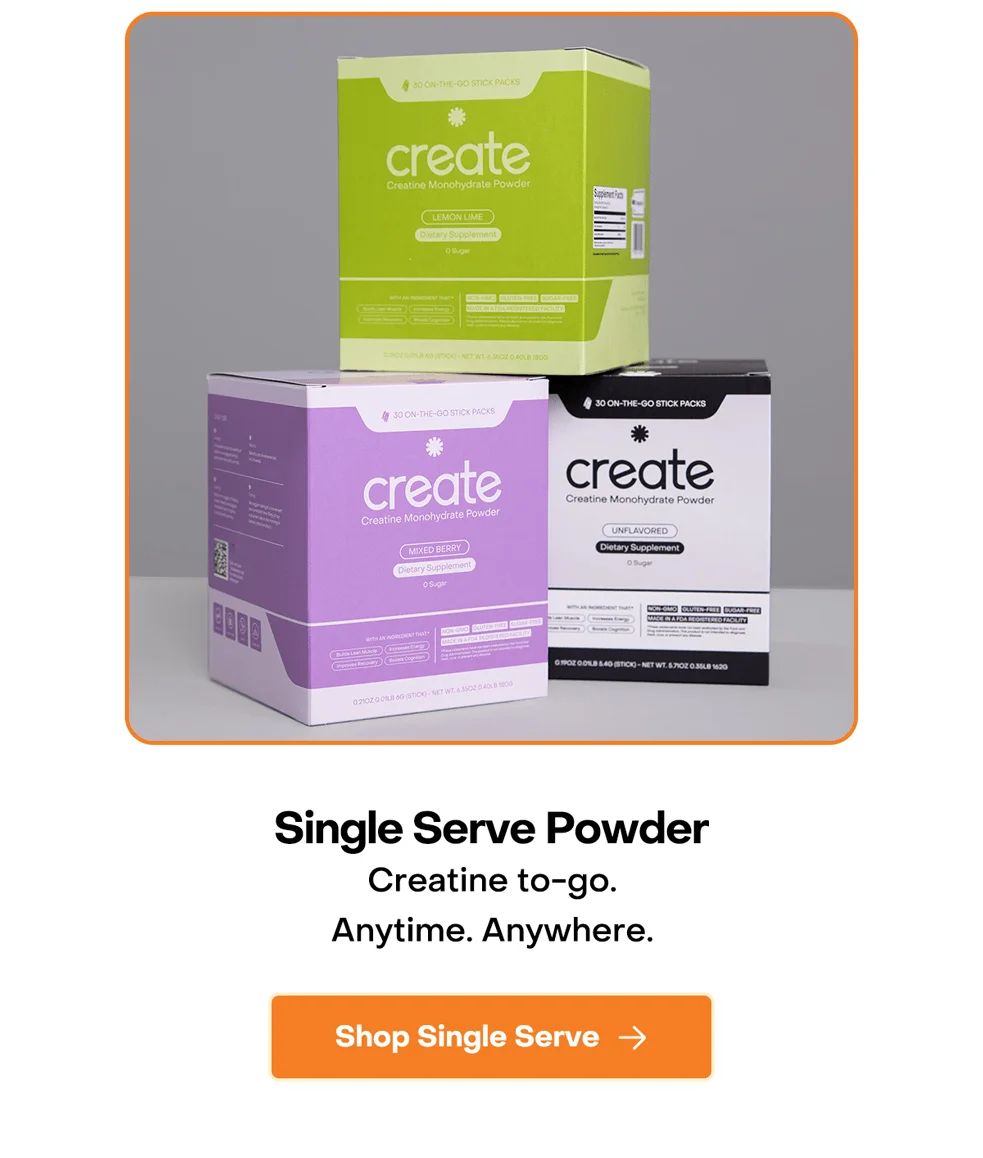Single Serve Powder: Creatine to-go. Anytime. Anywhere. Shop Single Serve.
