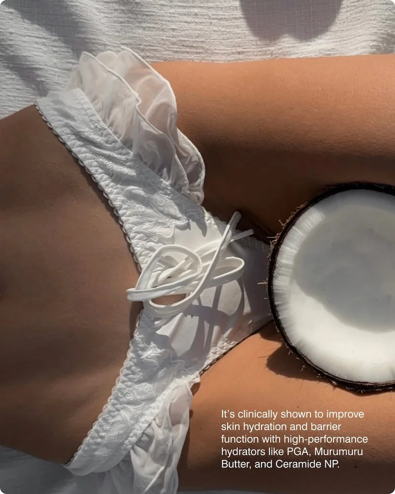 It's clinically shown to improve skin hydration and barrier function with high-performance hydrators like PGA, Murumuru Butter, and Ceramide NP.