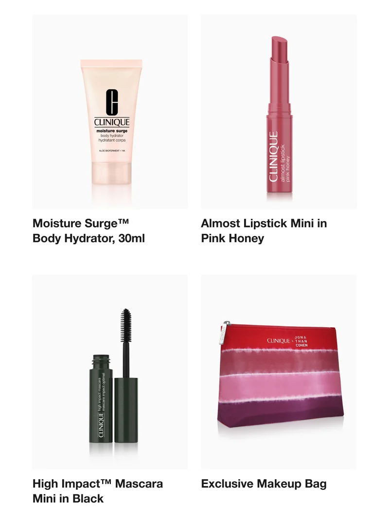 Moisture Surge™  Body Hydrator, 30ml  | Almost Lipstick Mini in  Pink Honey  | High Impact™ Mascara Mini in Black  | Exclusive Makeup Bag