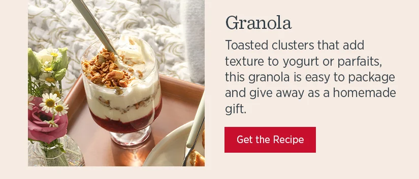 Granola - Toasted clusters that add texture to yogurt or parfaits, this granola is easy to package and give away as a homemade gift.