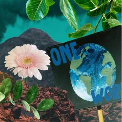 A graphic with flowers, a poster reading "One World" with the earth on it, and a mountain on the background.
