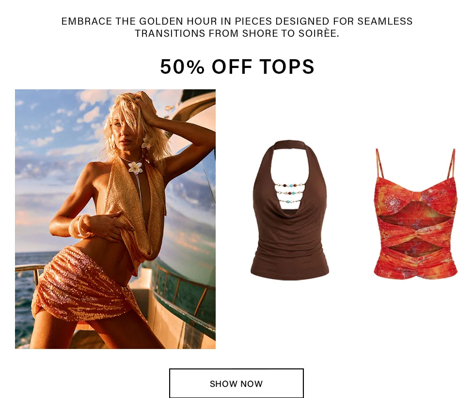 Golden hour style: model in gold halter top & skirt, alongside brown beaded halter and red ruched cami. Shop 50% off tops now!