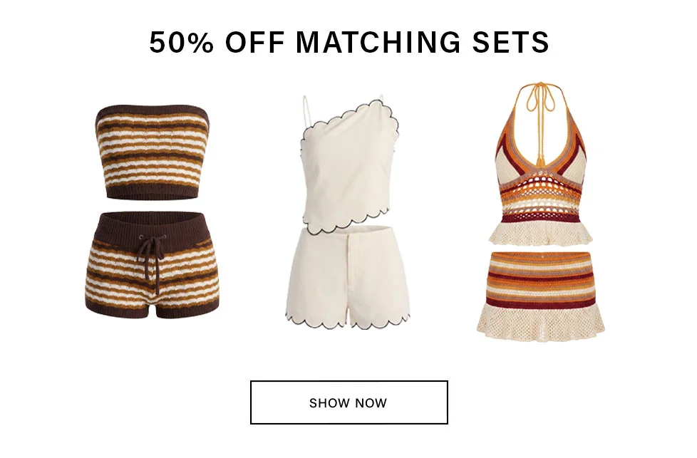Brown striped knit bandeau and shorts, cream scalloped co-ord, multi-color crochet halter and mini skirt. Enjoy 50% off these matching sets.