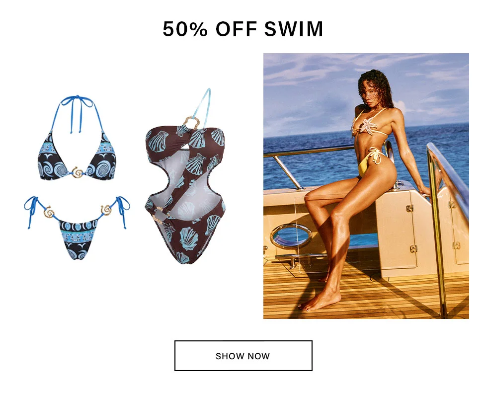 Brown cutout one-piece and blue patterned bikini, plus a model in a yellow bikini on a boat. Shop 50% off designer swimwear now!