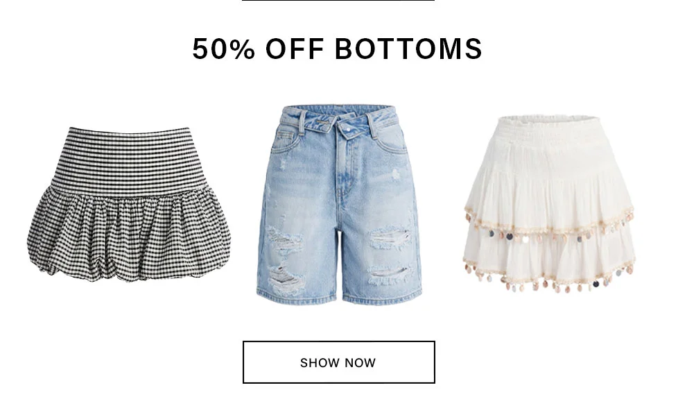 50% off bottoms sale banner featuring a black gingham skirt, distressed denim shorts, and a cream tiered mini skirt. Shop now!