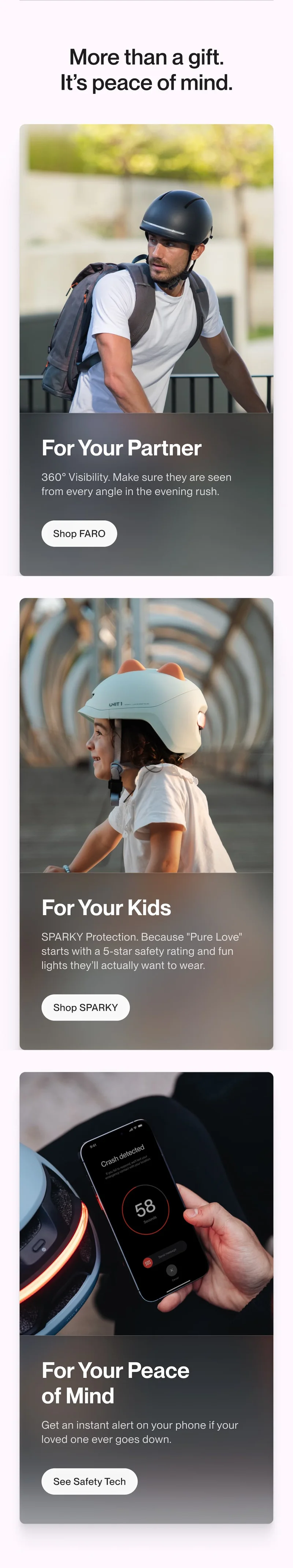 Three product tiles: For Your Partner (Shop FARO), For Your Kids (Shop SPARKY), and For Your Peace of Mind (See Safety Tech) with helmet and app imagery.