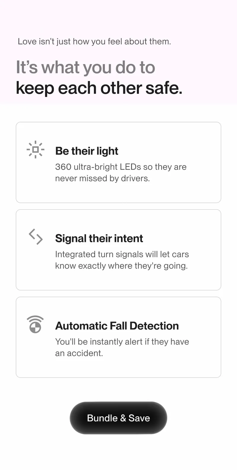 Text reading: “Love isn’t just how you feel about them. It’s what you do to keep each other safe,” followed by feature highlights and a “Bundle & Save” button.