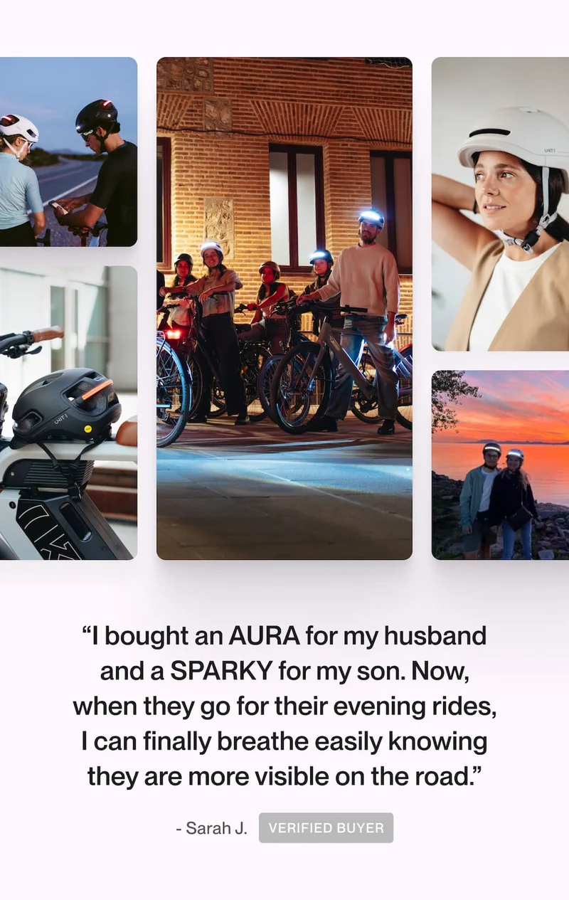Collage of riders wearing UNIT 1 helmets and a testimonial quote from Sarah J., verified buyer, about feeling peace of mind during evening rides.
