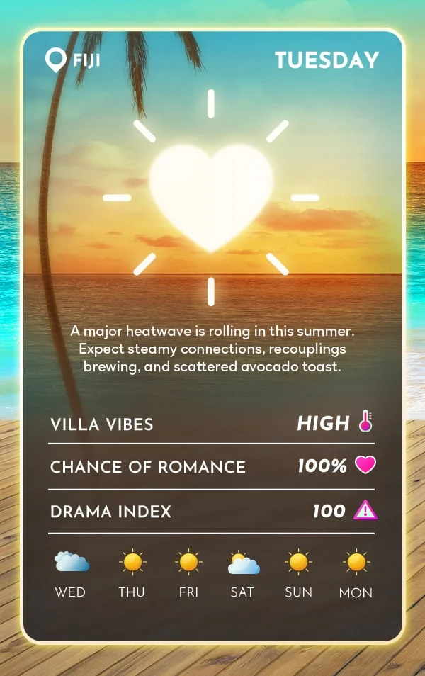 Fiji - Tuesday 6/2: Villa Vibes: HIGH | Chance of Romance: 100% | Drama Index: 100
