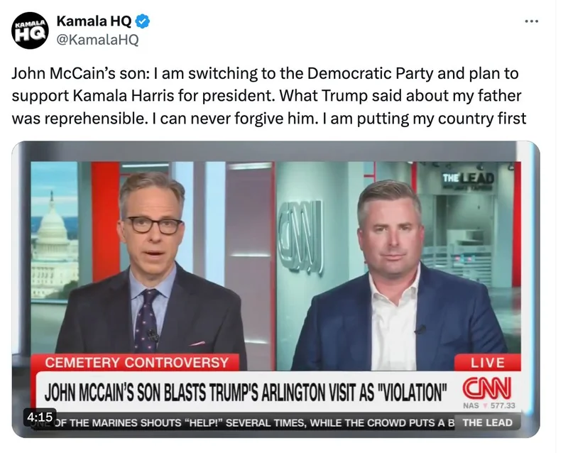 Tweet from Kamala HQ: Jon McCain's son on CNN announcing he is voting for Kamala Harris