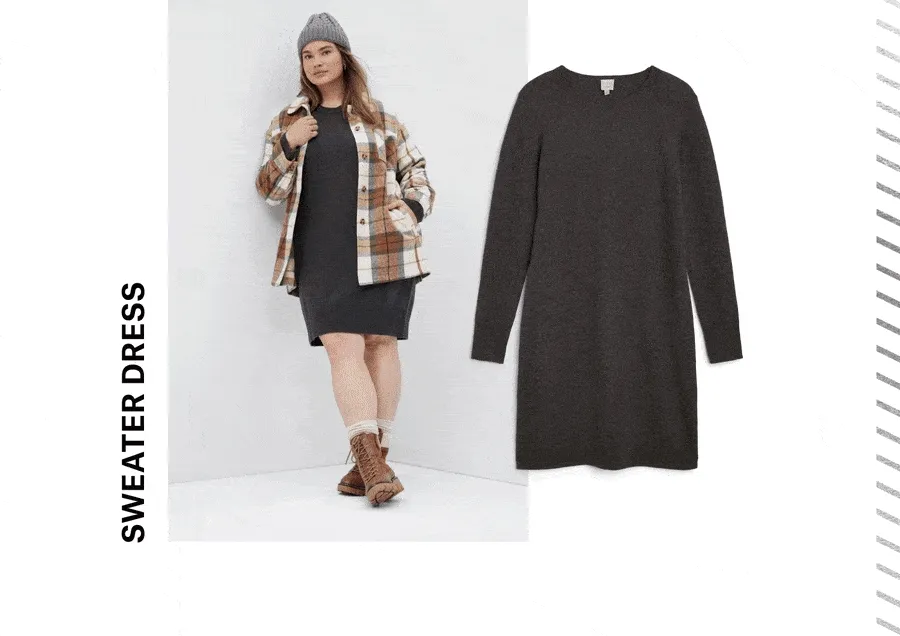 Sweater&nbsp;dress. Sherpa&nbsp;jacket. Cable&nbsp;knit&nbsp;sweater. Velvet&nbsp;pants.
