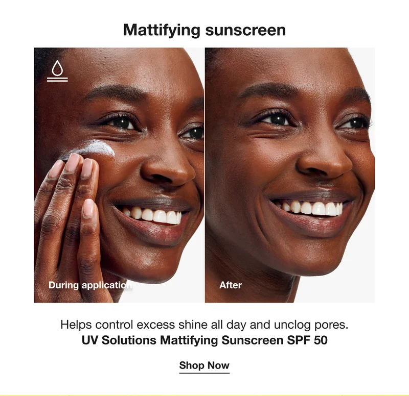Mattifying sunscreen | Helps control excess shine all day and unclog pores. UV Solutions Mattifying Sunscreen SPF | 50 Shop Now