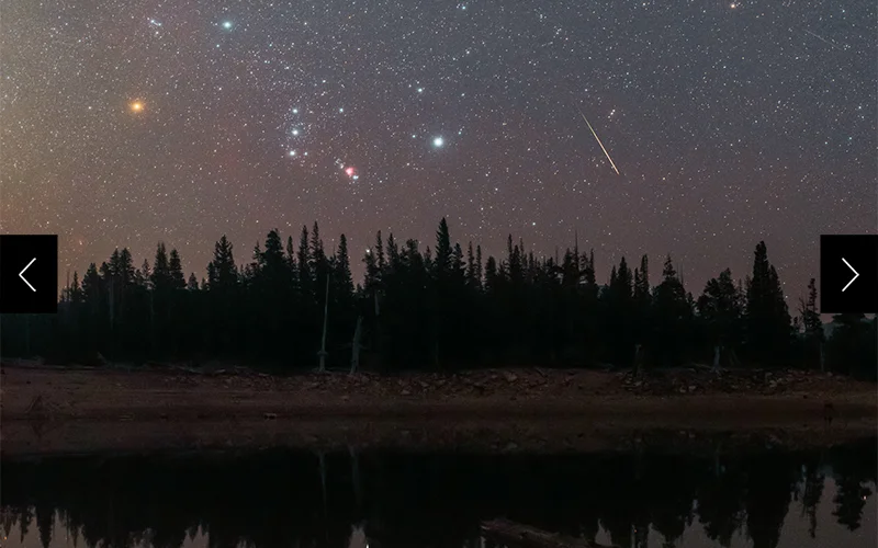 Orion, the Hunter, is seen just above the tree line by Mammoth Lakes in California. One of the oldest constellation figures, many stories are attached to Orion, a great hunter in Greco-Roman myths.