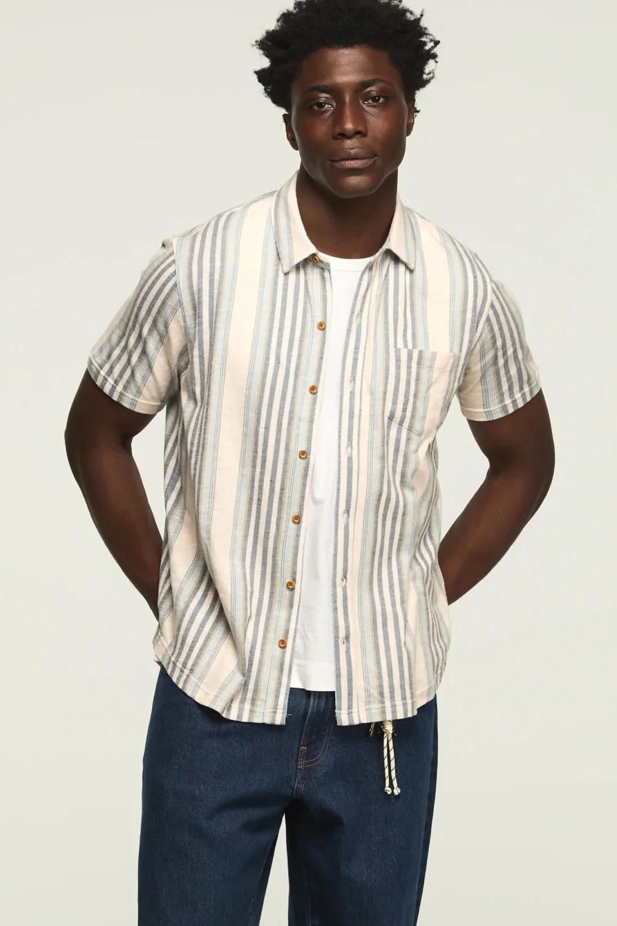 Image of Lucky Brand Striped Linen Short Sleeve Button Up Shirt - Men's Clothing Outerwear Shirt Jackets in Sterling Blue Multi