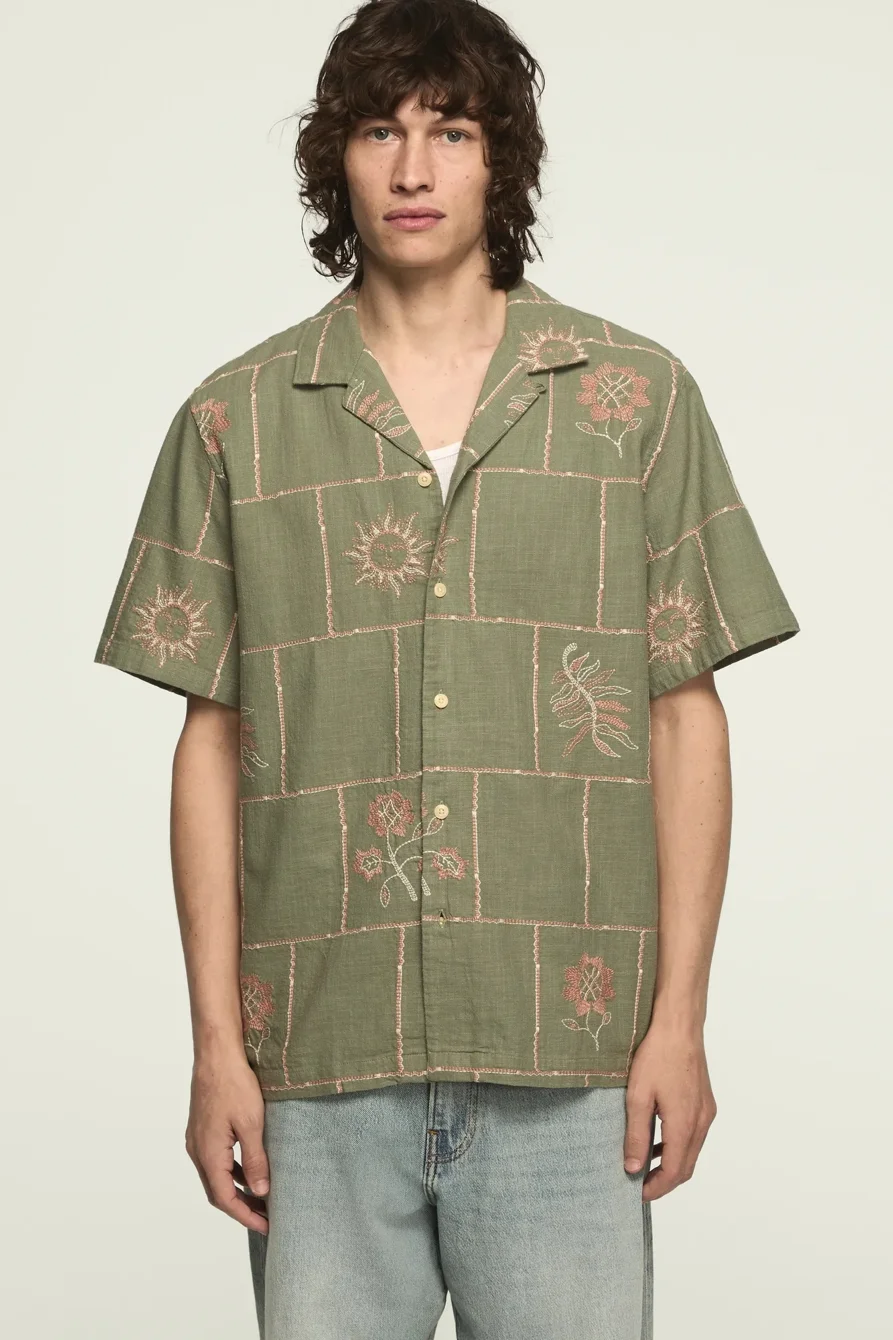 Image of Lucky Brand Novelty Camp Collar Shirt - Men's Clothing Outerwear Shirt Jackets in Olive Multi