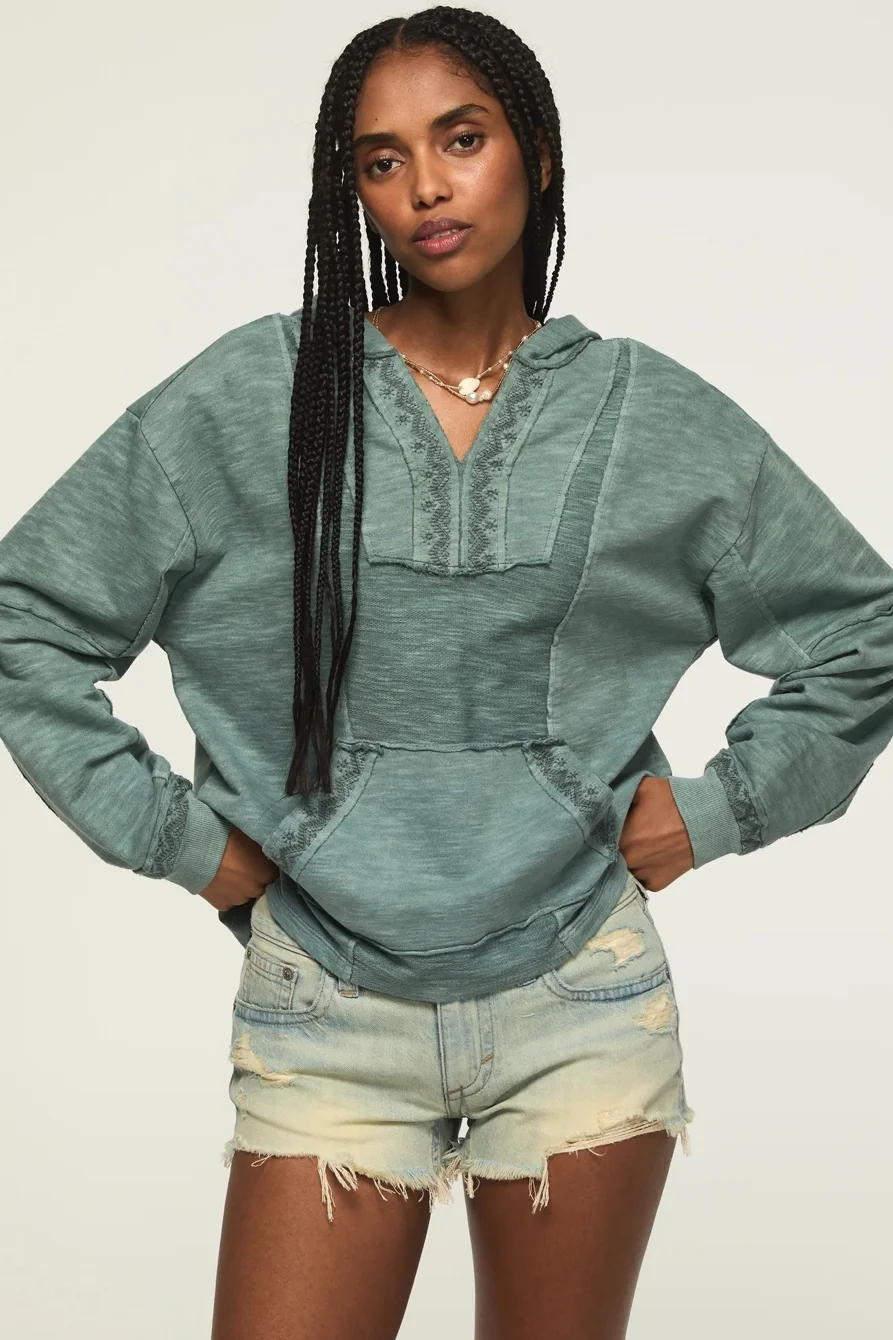 Image of Lucky Brand Embroidered Baja Hoodie - Women's Clothing Outerwear Sweatshirts Crewneck Hoodies in Stormy Sea