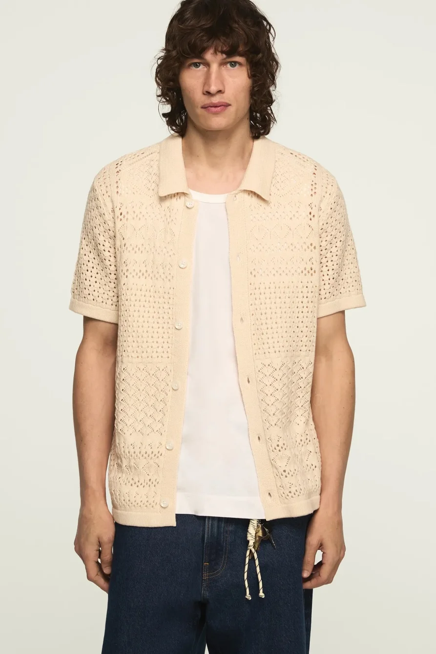 Image of Lucky Brand Granny Square Button Down Sweater -Men's Clothing Tops Sweaters in Cilantro