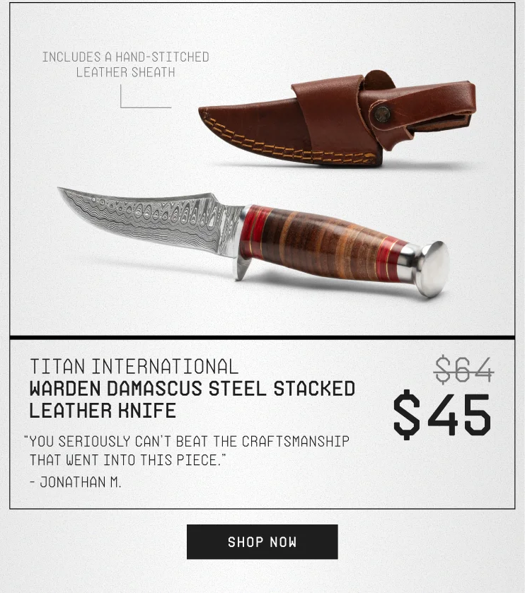 Warden Damascus Steel Stacked Leather Knife