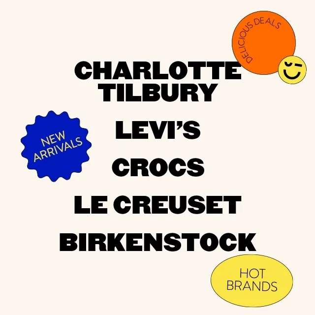 Anniversary Sale brand names Charlotte Tilbury, Levi's, Crocs, Le Creuset and Birkenstock.
