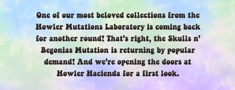 One of our most beloved collections from the Howler Mutations Laboratory is coming back for another round! That’s right, the Skulls n’ Begonias Mutation is returning by popular demand! And we’re opening the doors at Howler Hacienda for a first look fiesta.