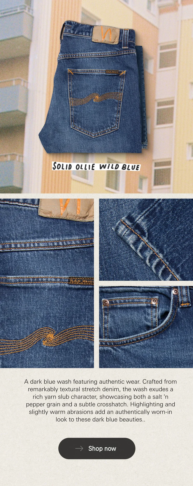 A dark blue wash featuring authentic wear. Crafted from remarkably textural stretch denim, the wash exudes a rich yarn slub character, showcasing both a salt 'n pepper grain and a subtle crosshatch. Highlighting and slightly warm abrasions add an authentically worn-in look to these dark blue beauties..