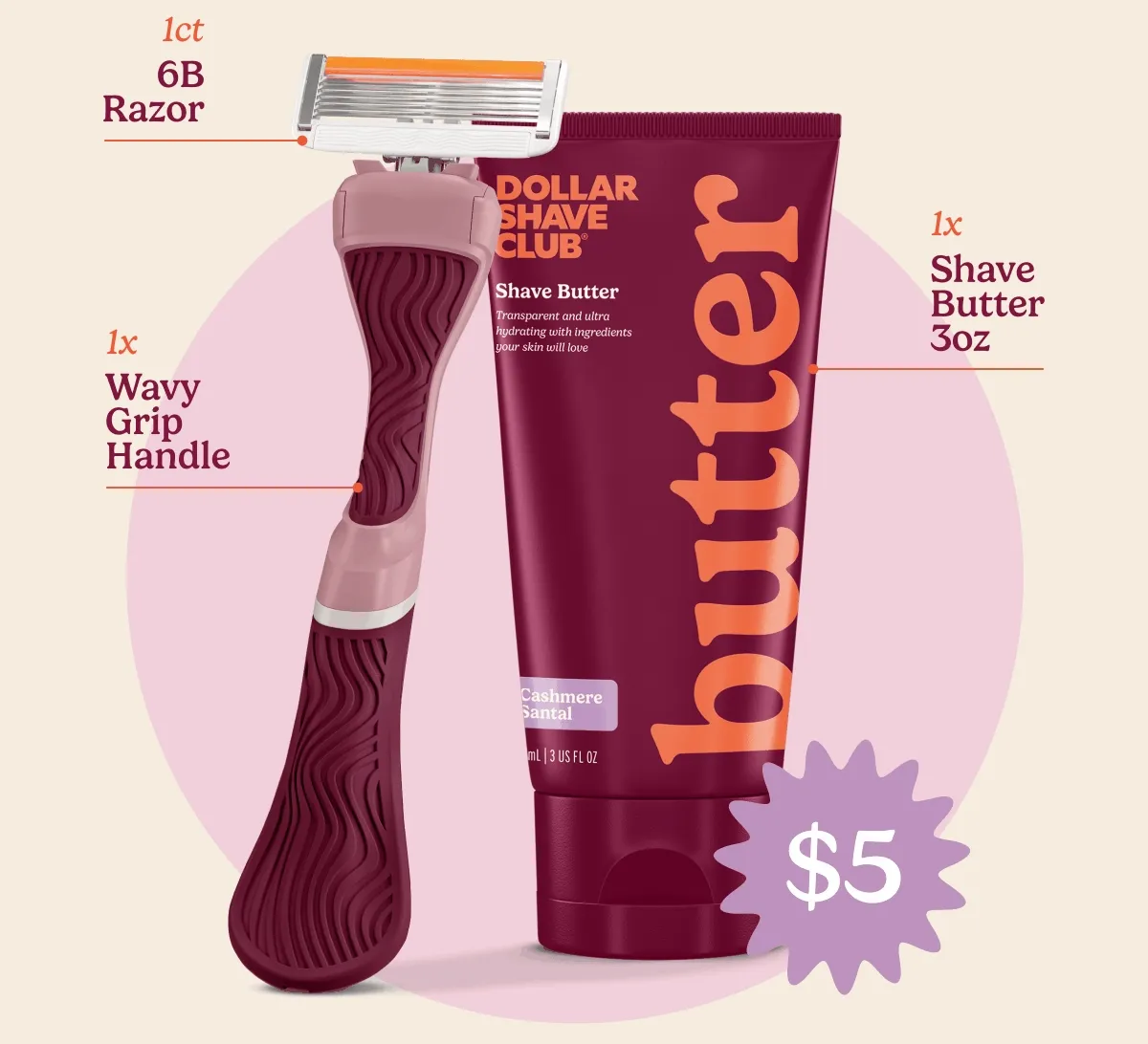 1ct 6B Razor, 1x Wavy Grip Handle, 1x Shave Butter 3oz, $5