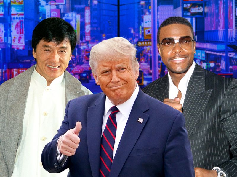 Image may contain: Donald Trump, Chris Tucker, Jackie Chan, Body Part, Finger, Hand, Person, Clothing, Formal Wear, and Suit