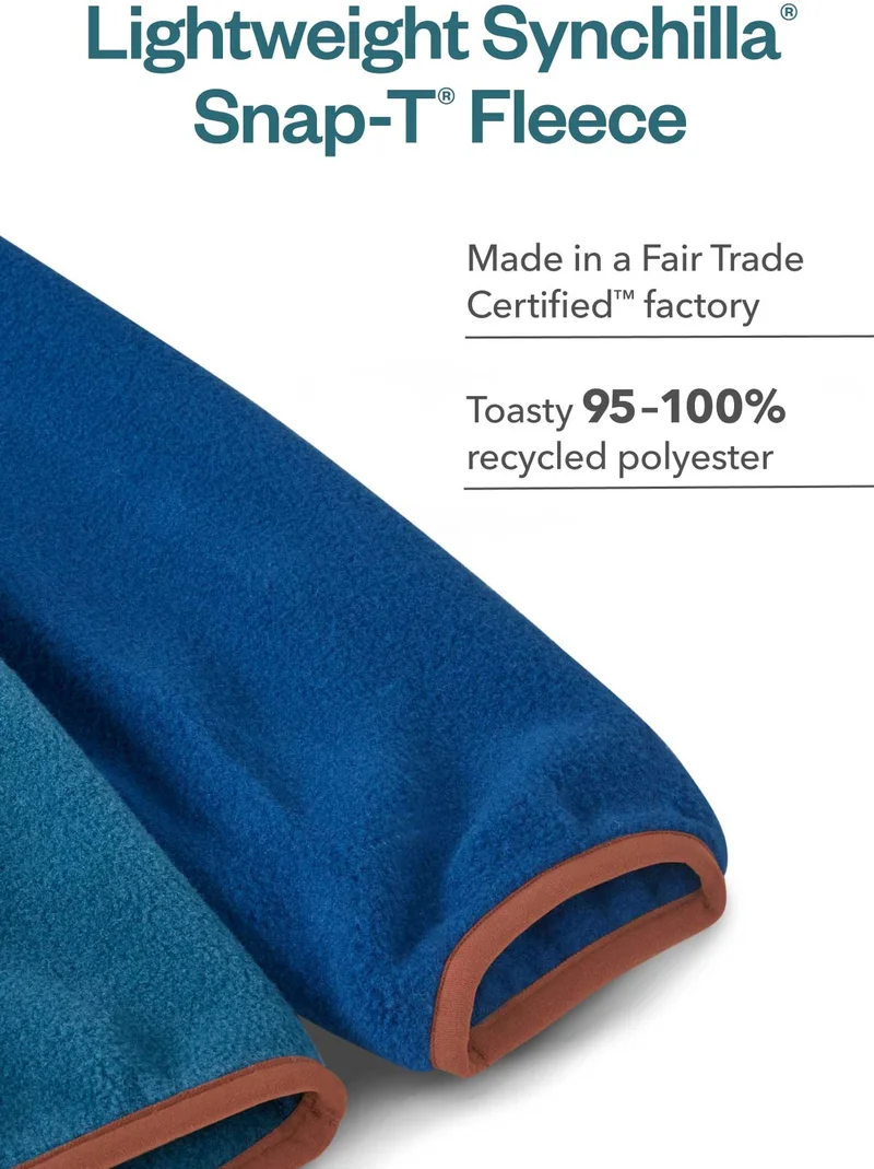 Lightweight Synchilla Snap-T Fleece. Made in a Fair Trade Certified factory. Toasty 95-100% recycled polyester.