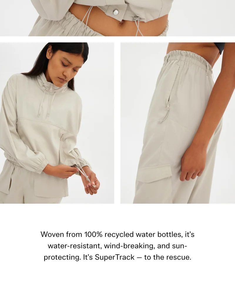 Woven from 100% recycled water bottles, it’s water-resistant, wind-breaking, and sun-protecting. It’s SuperTrack — to the rescue.