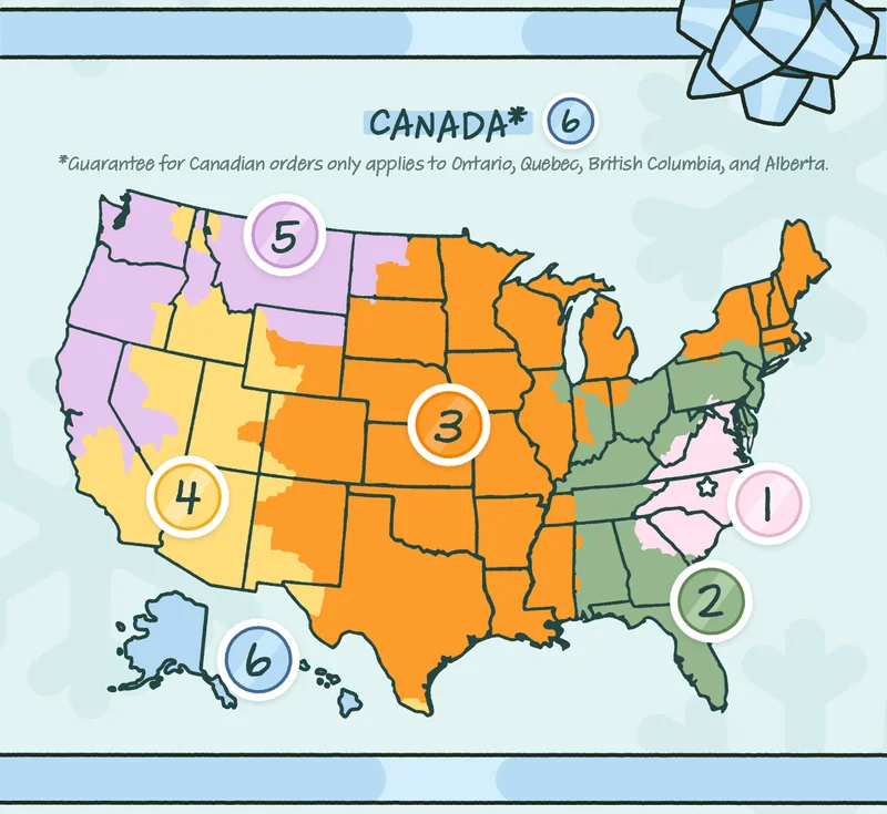 Map of the United States color code by zones for 12/25 delivery.