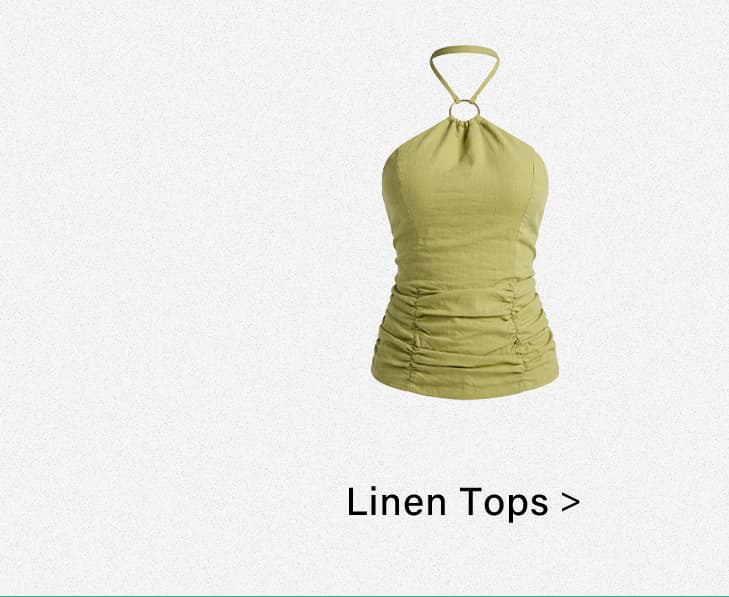 Stylish light olive green linen halter top featuring a gold O-ring and ruched waist, perfect for exploring our diverse linen tops collection.