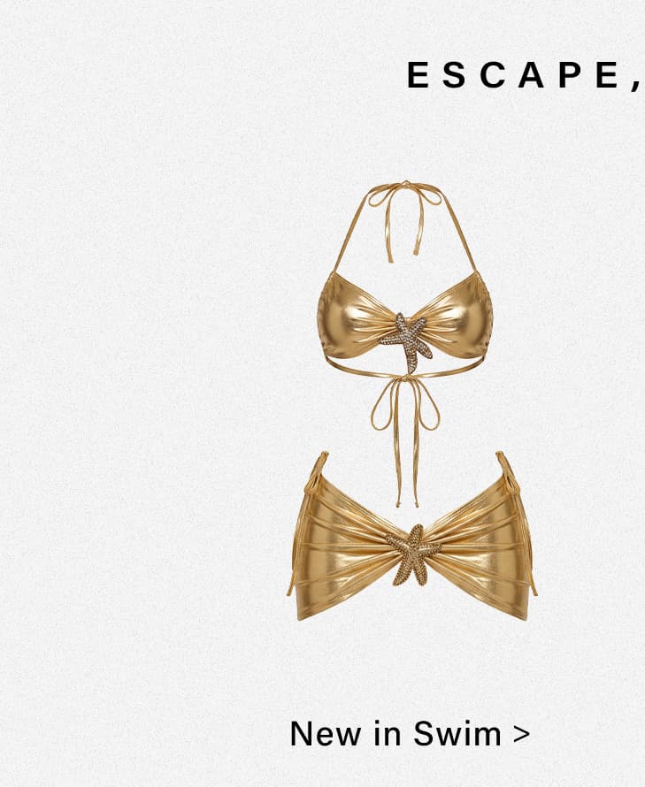 Shimmering gold bikini top and matching bottom, each adorned with a sparkly starfish. Explore the new swim collection.