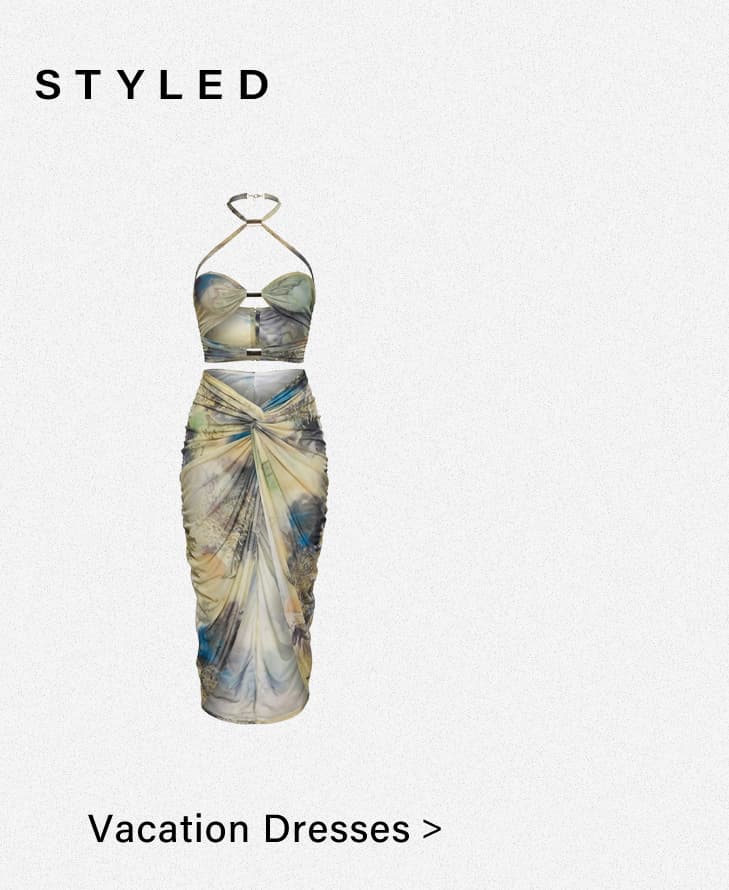 Blue, green, beige abstract print two-piece vacation dress: halter crop top & ruched midi skirt. Explore stylish summer outfits.