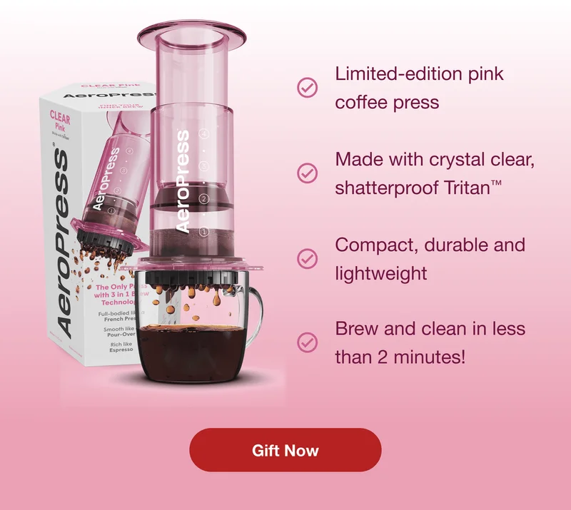 AeroPress Clear Pink Features: Limited-edition pink coffee press /// Made with crystal clear, shatterproof Tritan™ /// Compact, durable and lightweight /// Brew and clean in less than 2 minutes! - Gift Now