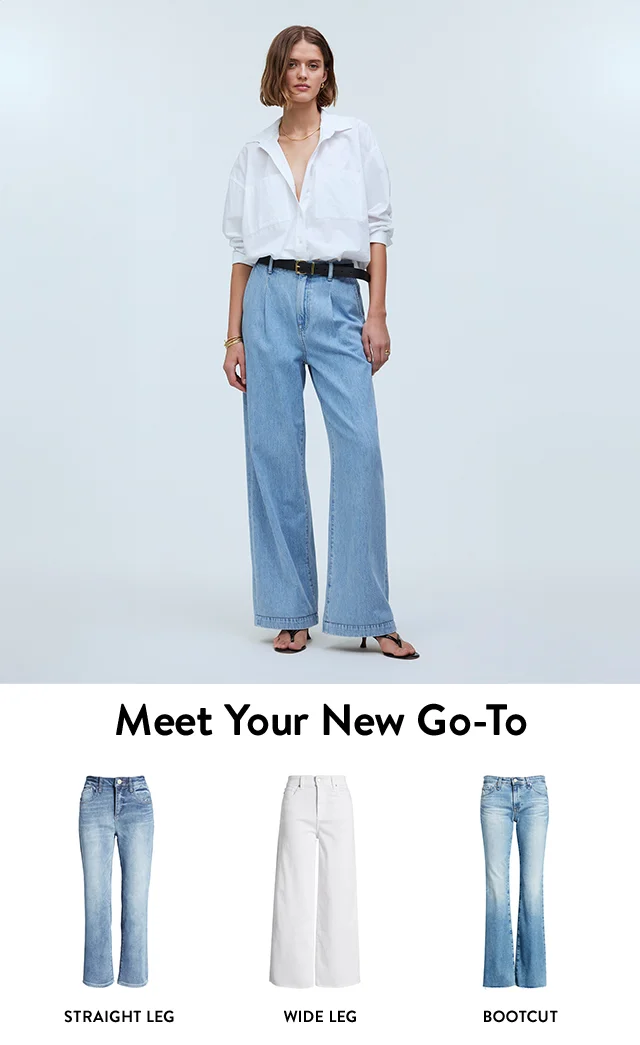 A woman wearing wide-leg jeans and a white button-up shirt. Straight-leg jeans. Wide-leg jeans. Bootcut jeans.