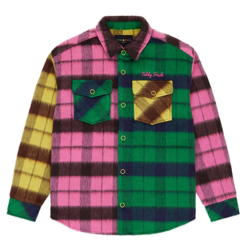 Image of Fuzzy Plaid Snap Shacket