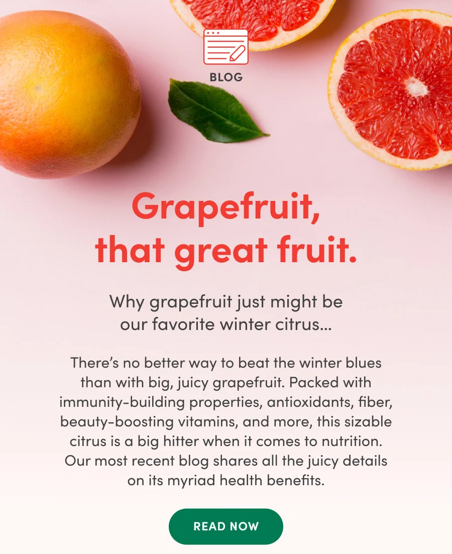 A whole grapefruit, a halved grapefruit, and a green leaf on a pink background with a blog icon and pencil graphic.