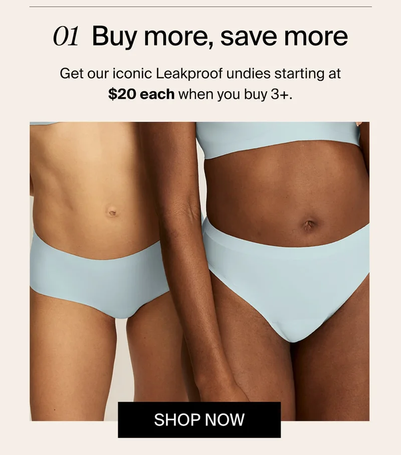 01 Buy more save more. Get our iconic Leakproof undies starting at $20 each when you buy 3+