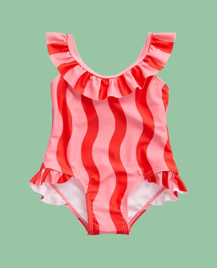 KIDLY by MORI Frill Neck Swimsuit - Pink Wavy Stripe