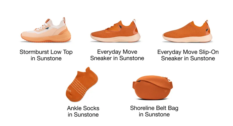 Stormburst Low Top, Everyday Move Sneaker, Everyday Move Slip-On Sneaker, Ankle Socks, and Shoreline Belt Bag in Sunstone.