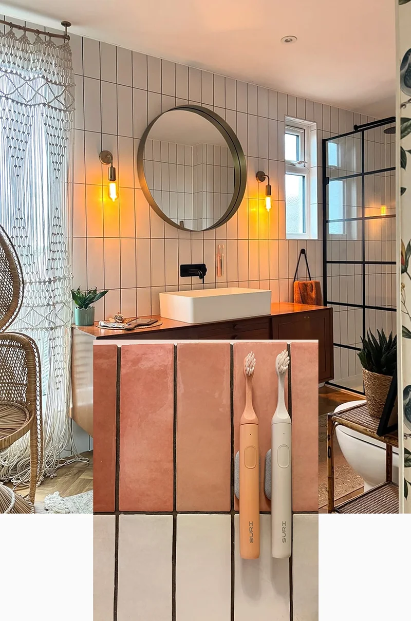 Dreamy duotones of terracotta and white. A small but perfectly formed bathroom—and with matching SURI toothbrushes.